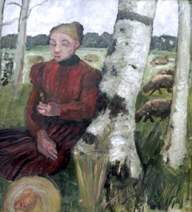 Menina, descansar, ligado, tronco vidoeiro, rebanho ovelha, em, a, fundo de Paula Modersohn-Becker